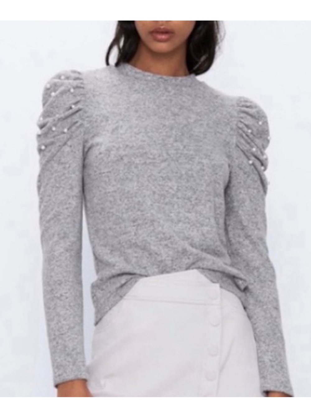 Zara Pearl-Embellished Puff Sleeve Sweater